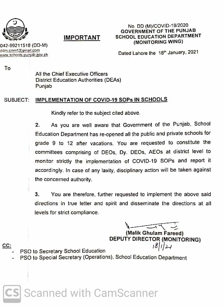 IMPLEMENTATION OF COVID-19 SOPS IN SCHOOLS
