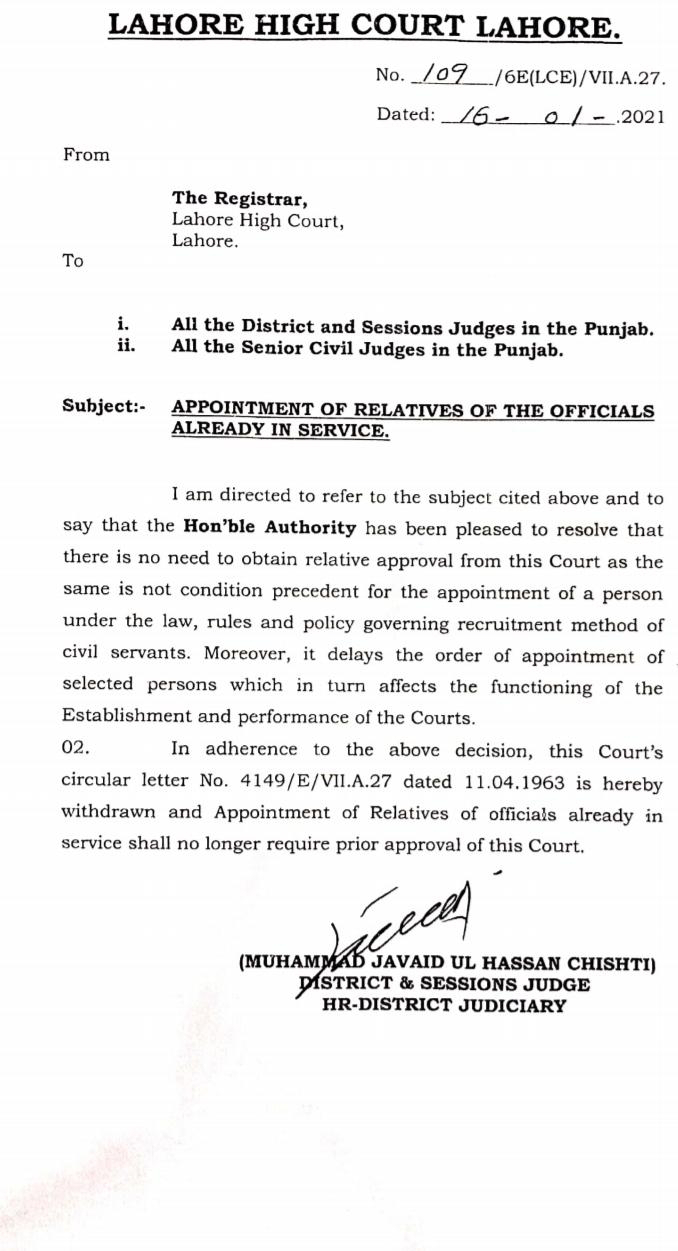 APPOINTMENT OF RELATIVES OF THE OFFICIALS ALREADY IN SERVICE.